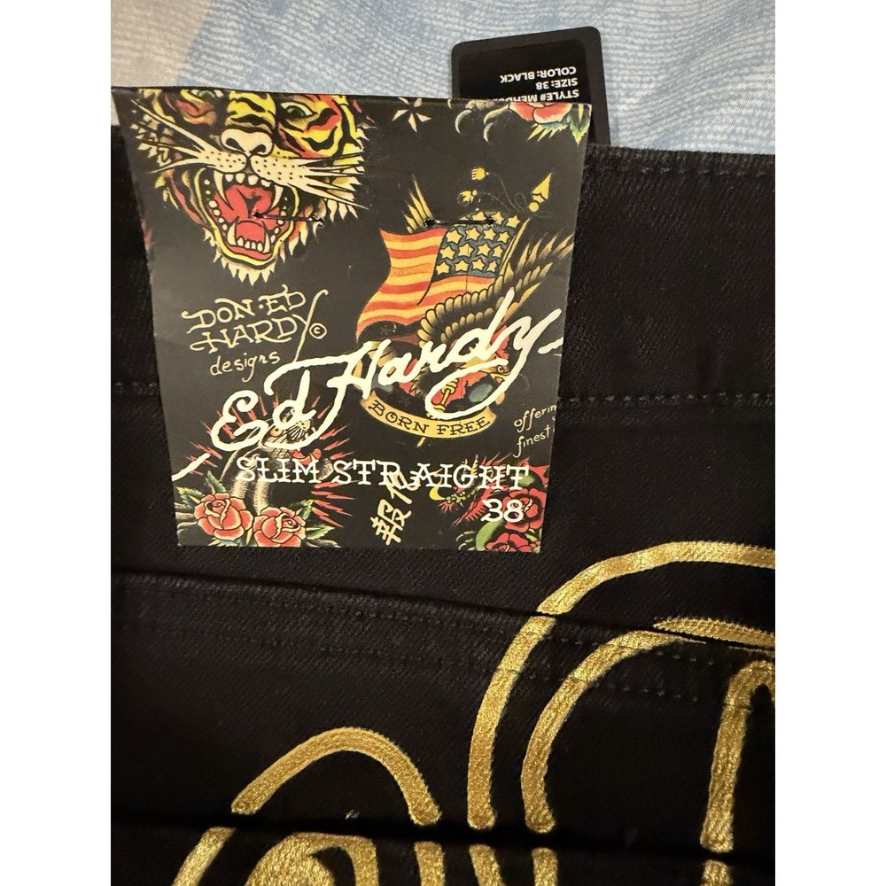 New Ed Hardy Slim Straight Jeans Men's 38X32 Embroidered Tiger Floral Y2K Grunge - Picture 12 of 15